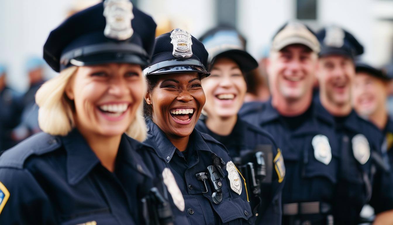 I need an ultra wide and thin image showing a few police officers smiling and laughing together I need an ultra wide and thin image showing a few police officers smiling and laughing together